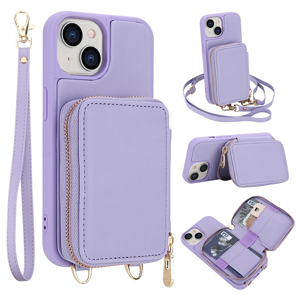 For iPhone 15 Case RFID Blocking Zipper Wallet Leather + TPU Phone Cover with Shoulder Strap - Light Purple