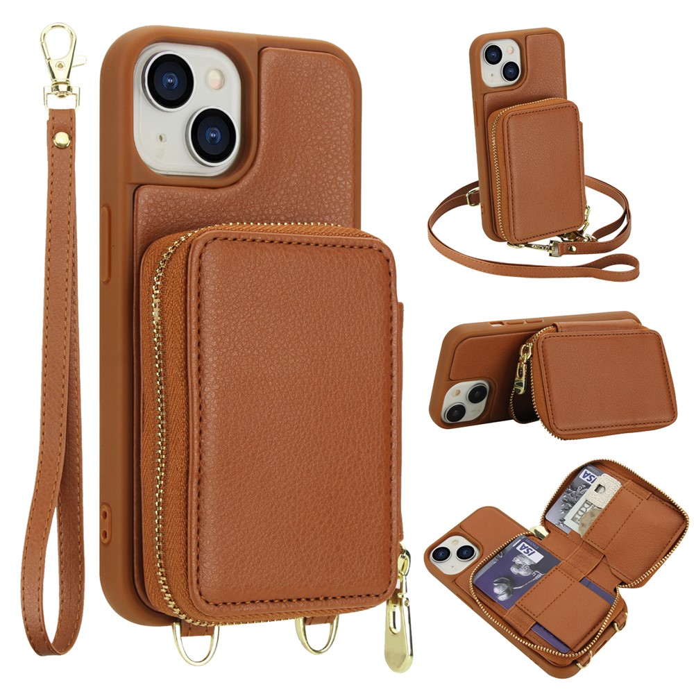 For iPhone 15 Case RFID Blocking Zipper Wallet Leather + TPU Phone Cover with Shoulder Strap - Brown