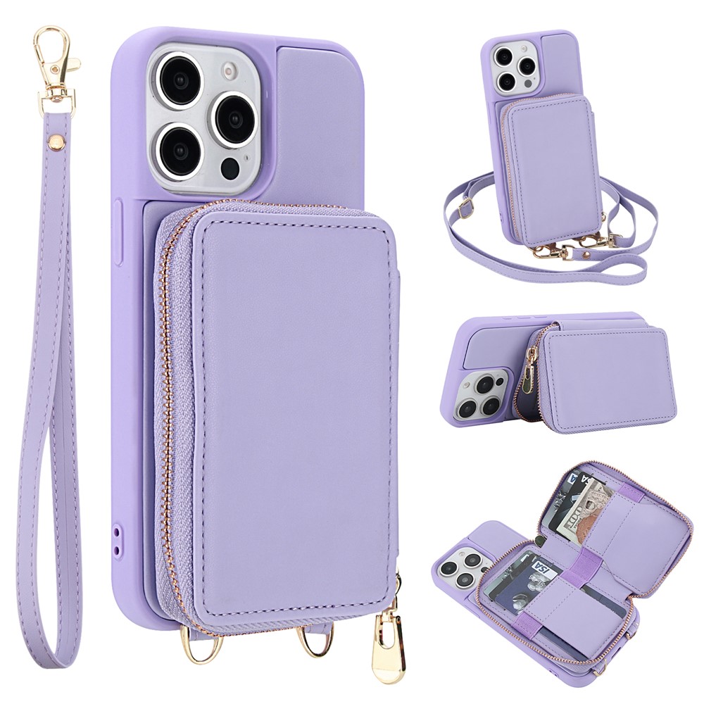 For iPhone 14 Pro Max Case RFID Blocking Zipper Wallet Leather + TPU Phone Cover with Shoulder Strap - Light Purple