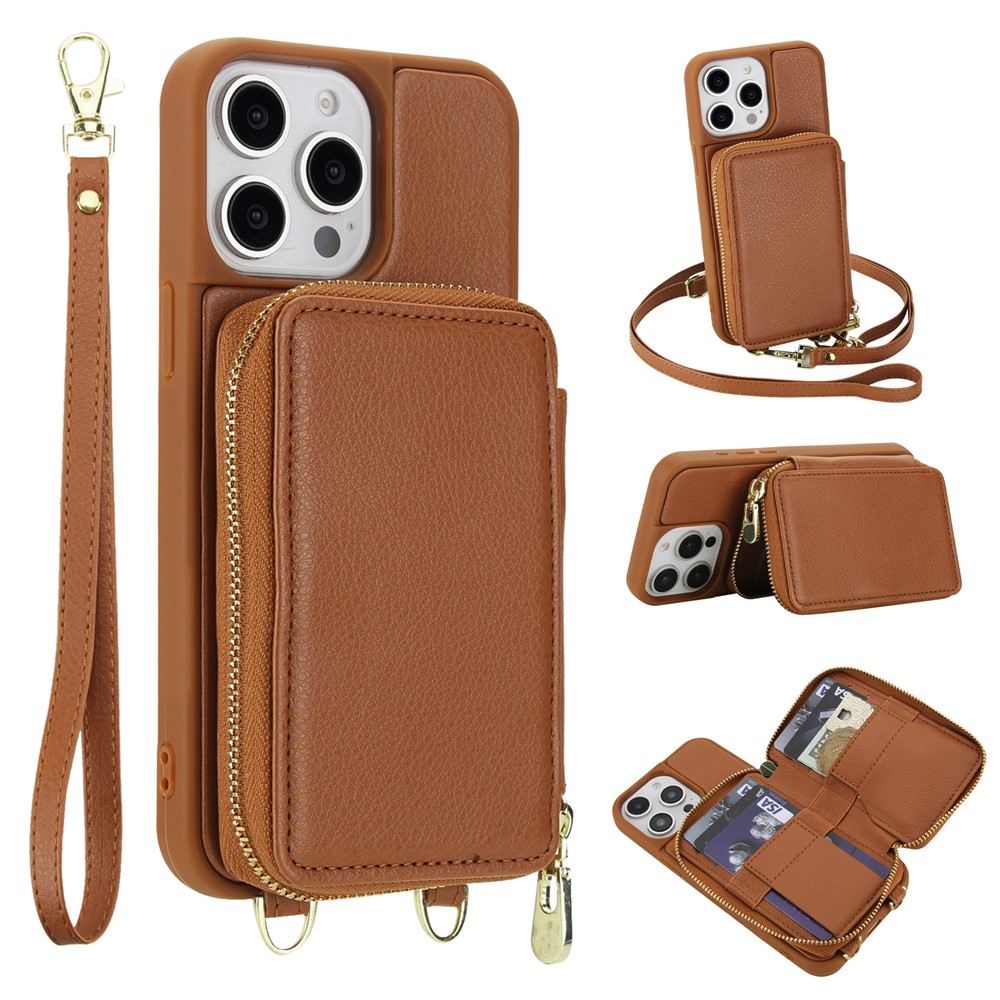 For iPhone 14 Pro Case RFID Blocking Zipper Wallet Leather + TPU Phone Cover with Shoulder Strap - Brown