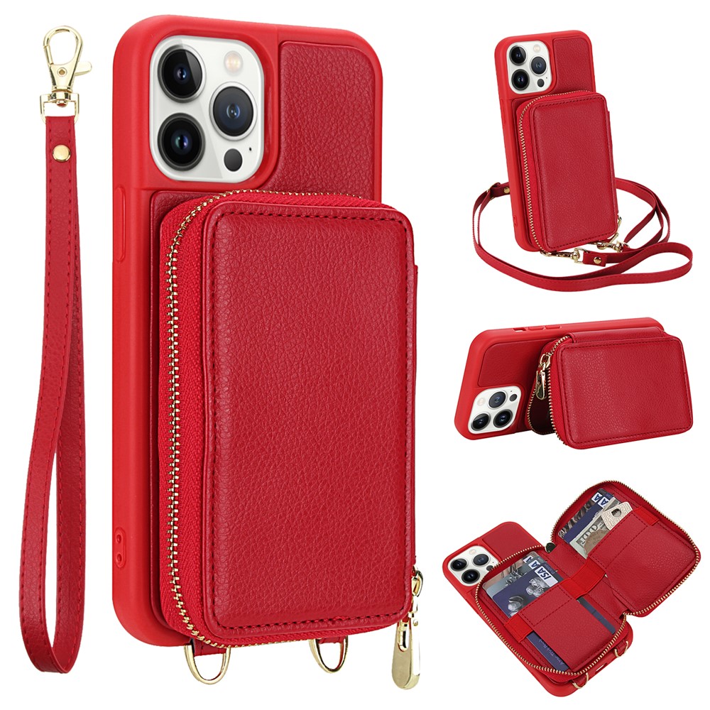 For iPhone 13 Pro Max Case RFID Blocking Zipper Wallet Leather + TPU Phone Cover with Shoulder Strap - Red