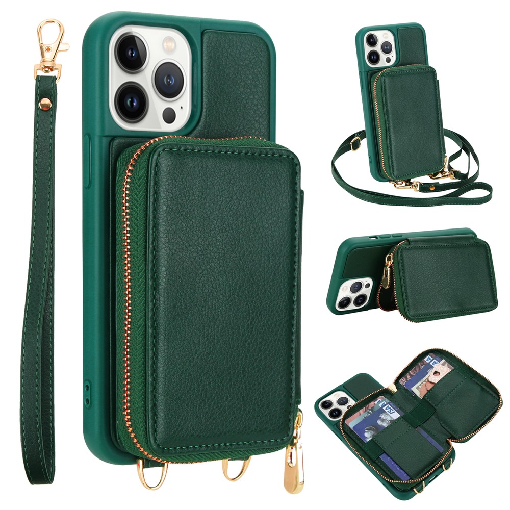 For iPhone 13 Pro Max Case RFID Blocking Zipper Wallet Leather + TPU Phone Cover with Shoulder Strap - Green