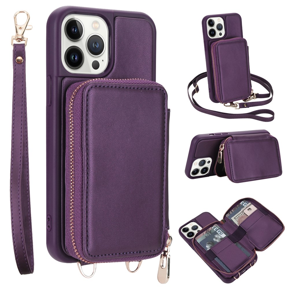 For iPhone 13 Pro Max Case RFID Blocking Zipper Wallet Leather + TPU Phone Cover with Shoulder Strap - Dark Purple