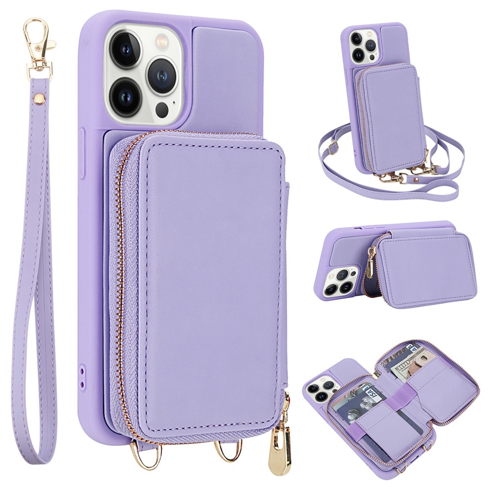 For iPhone 13 Pro Max Case RFID Blocking Zipper Wallet Leather + TPU Phone Cover with Shoulder Strap - Light Purple