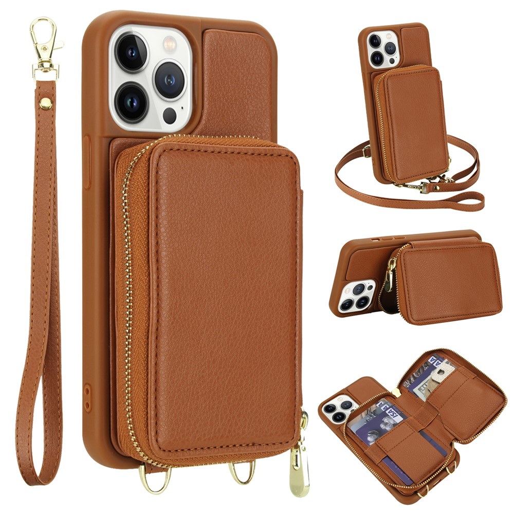 For iPhone 13 Pro Case RFID Blocking Zipper Wallet Leather + TPU Phone Cover with Shoulder Strap - Brown