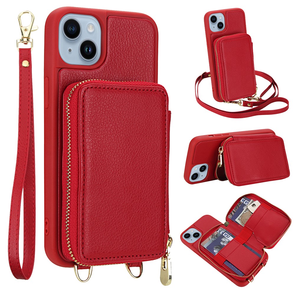 For iPhone 14 / 13 Case RFID Blocking Zipper Wallet Leather + TPU Phone Cover with Shoulder Strap - Red