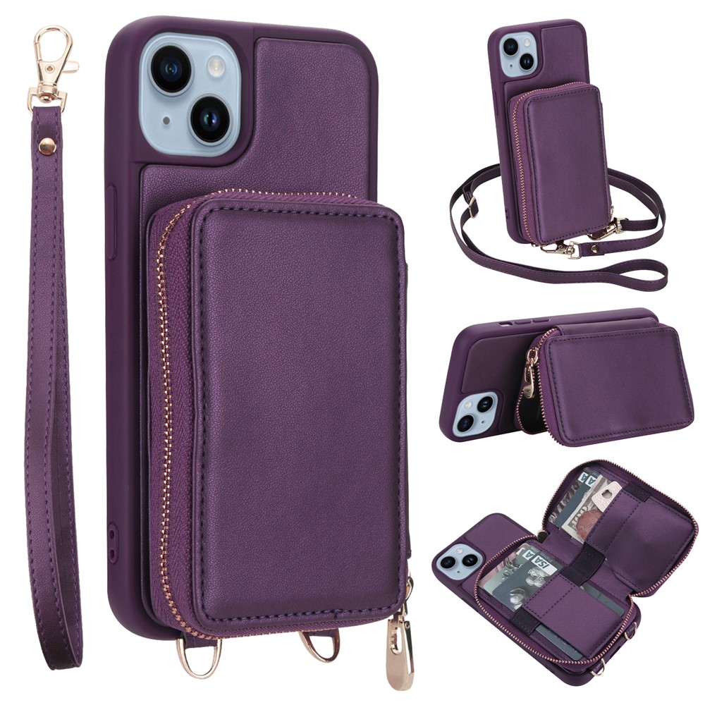 For iPhone 14 / 13 Case RFID Blocking Zipper Wallet Leather + TPU Phone Cover with Shoulder Strap - Dark Purple