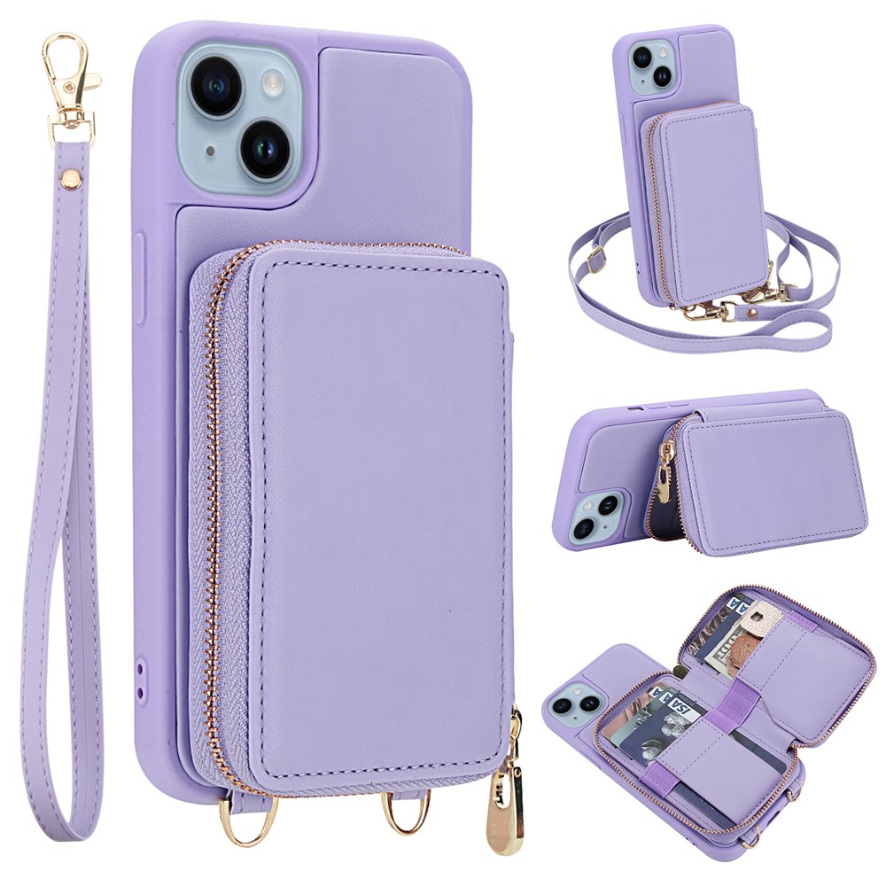 For iPhone 14 / 13 Case RFID Blocking Zipper Wallet Leather + TPU Phone Cover with Shoulder Strap - Light Purple