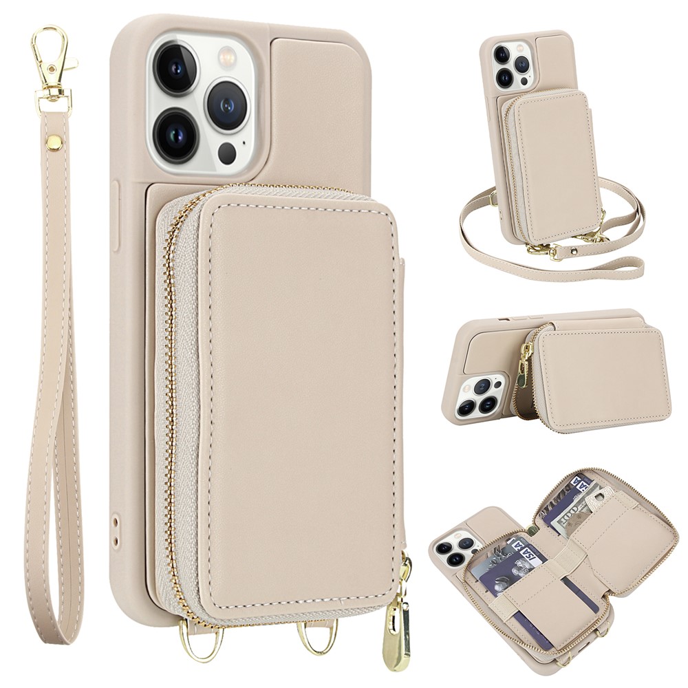 For iPhone 12 Pro Max Case RFID Blocking Zipper Wallet Leather + TPU Phone Cover with Shoulder Strap - Apricot