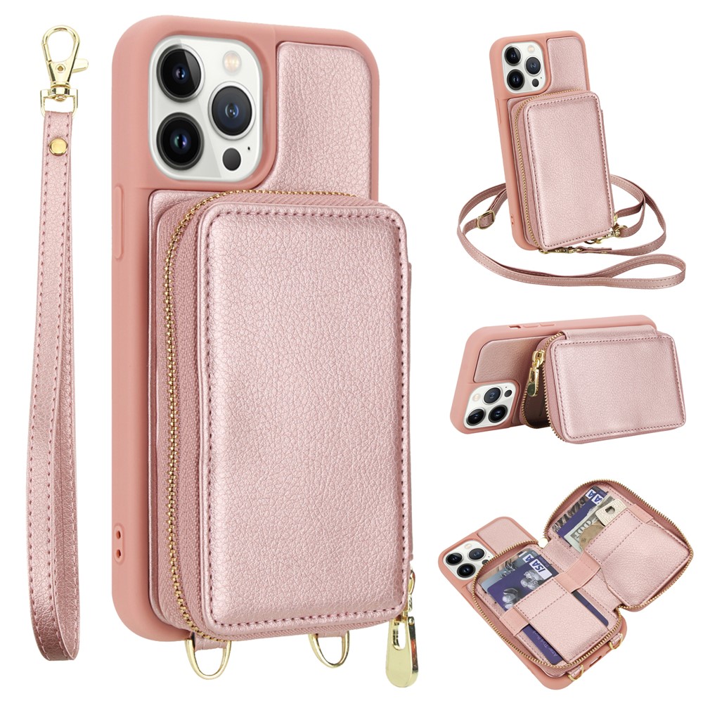 For iPhone 12 Pro Max Case RFID Blocking Zipper Wallet Leather + TPU Phone Cover with Shoulder Strap - Rose Gold