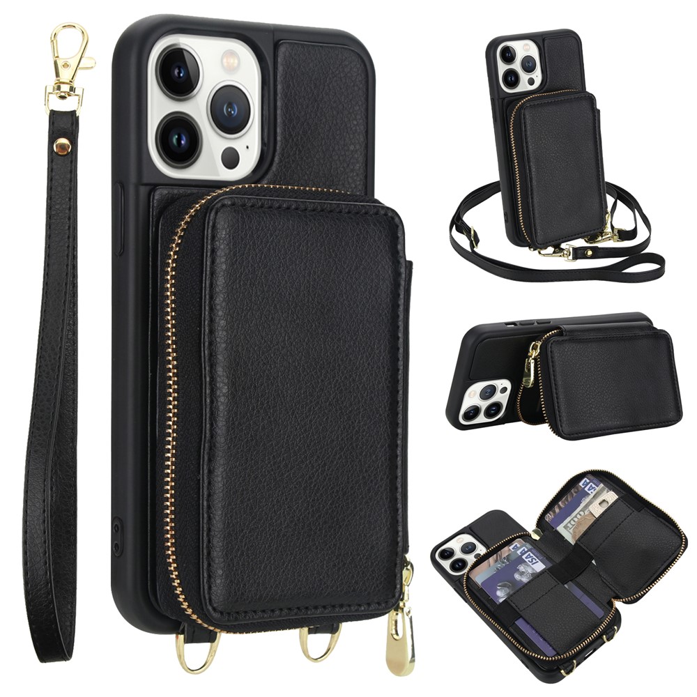 For iPhone 12 / 12 Pro Case RFID Blocking Zipper Wallet Leather + TPU Phone Cover with Shoulder Strap - Black