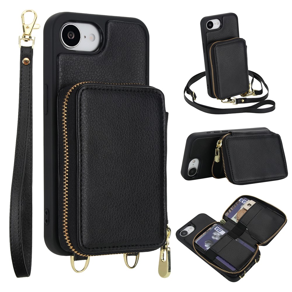 For Phone 16e Case RFID Blocking Zipper Wallet Leather + TPU Phone Cover with Shoulder Strap - Black