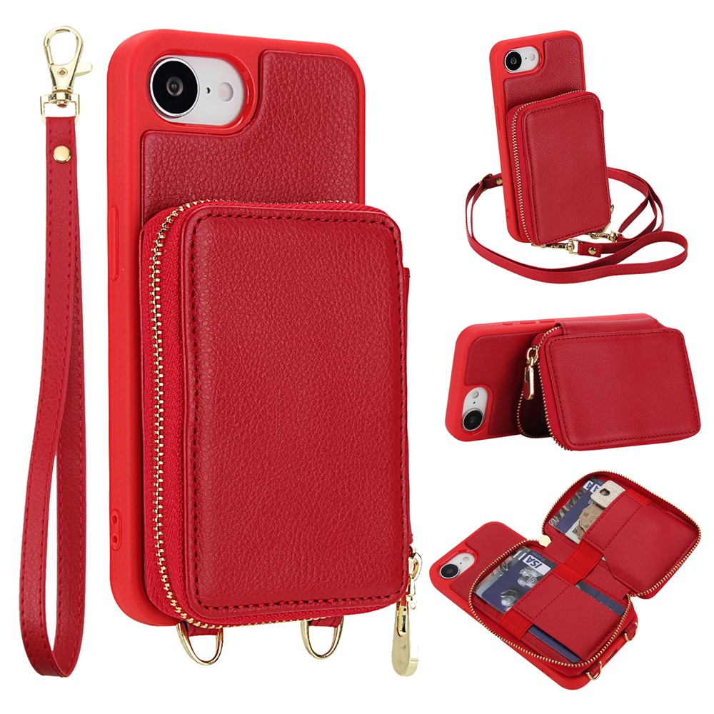 For Phone 16e Case RFID Blocking Zipper Wallet Leather + TPU Phone Cover with Shoulder Strap - Red
