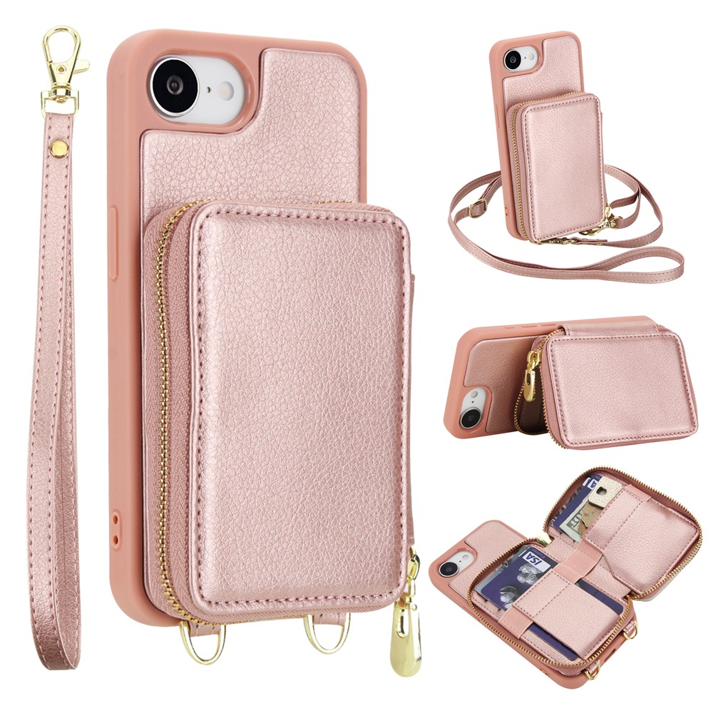 For Phone 16e Case RFID Blocking Zipper Wallet Leather + TPU Phone Cover with Shoulder Strap - Rose Gold