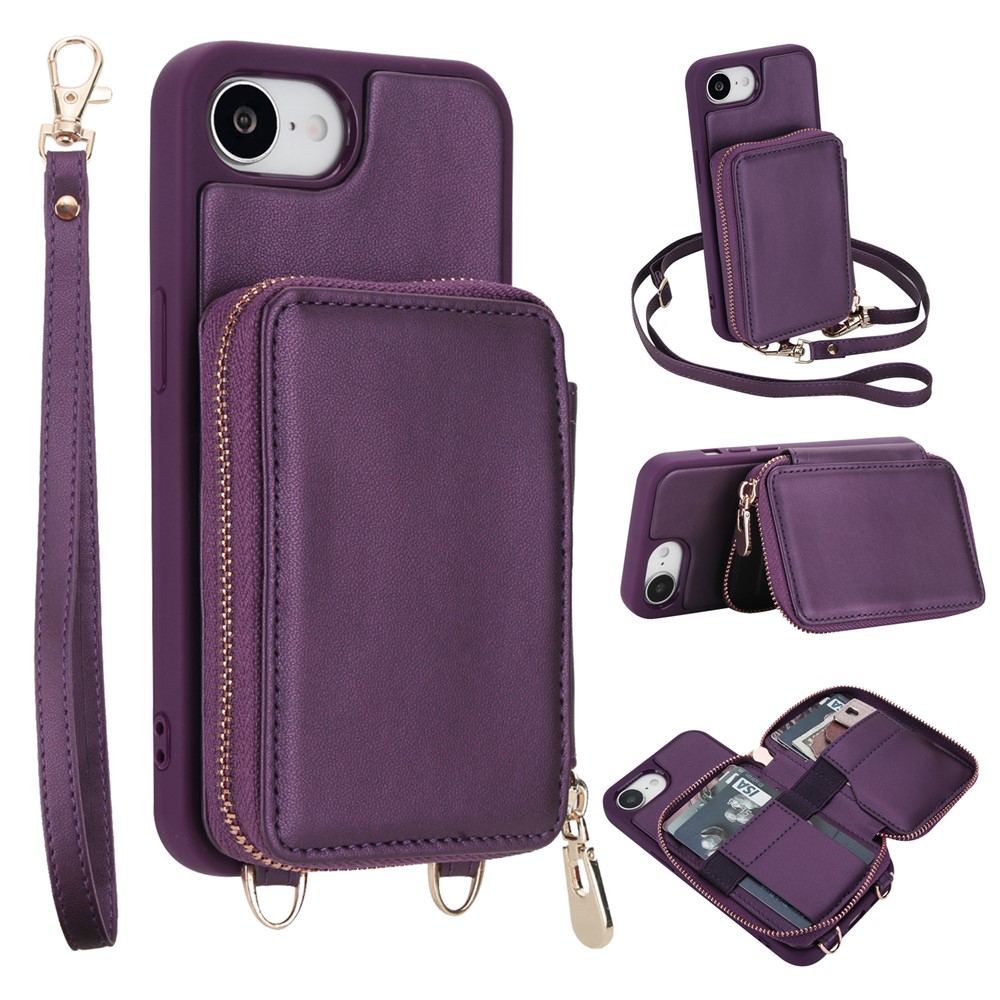 For Phone 16e Case RFID Blocking Zipper Wallet Leather + TPU Phone Cover with Shoulder Strap - Dark Purple