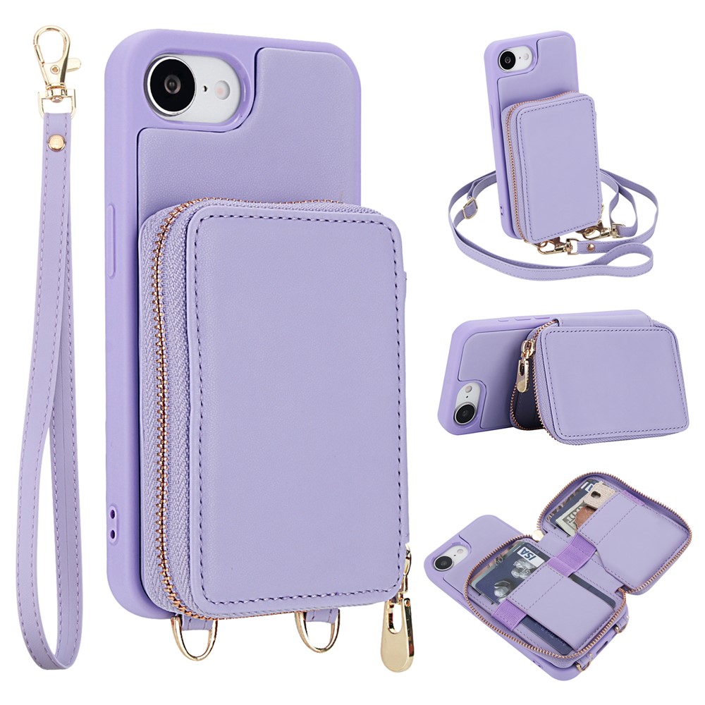 For Phone 16e Case RFID Blocking Zipper Wallet Leather + TPU Phone Cover with Shoulder Strap - Light Purple