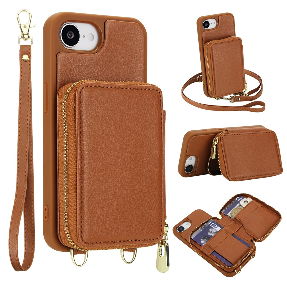 For Phone 16e Case RFID Blocking Zipper Wallet Leather + TPU Phone Cover with Shoulder Strap - Brown