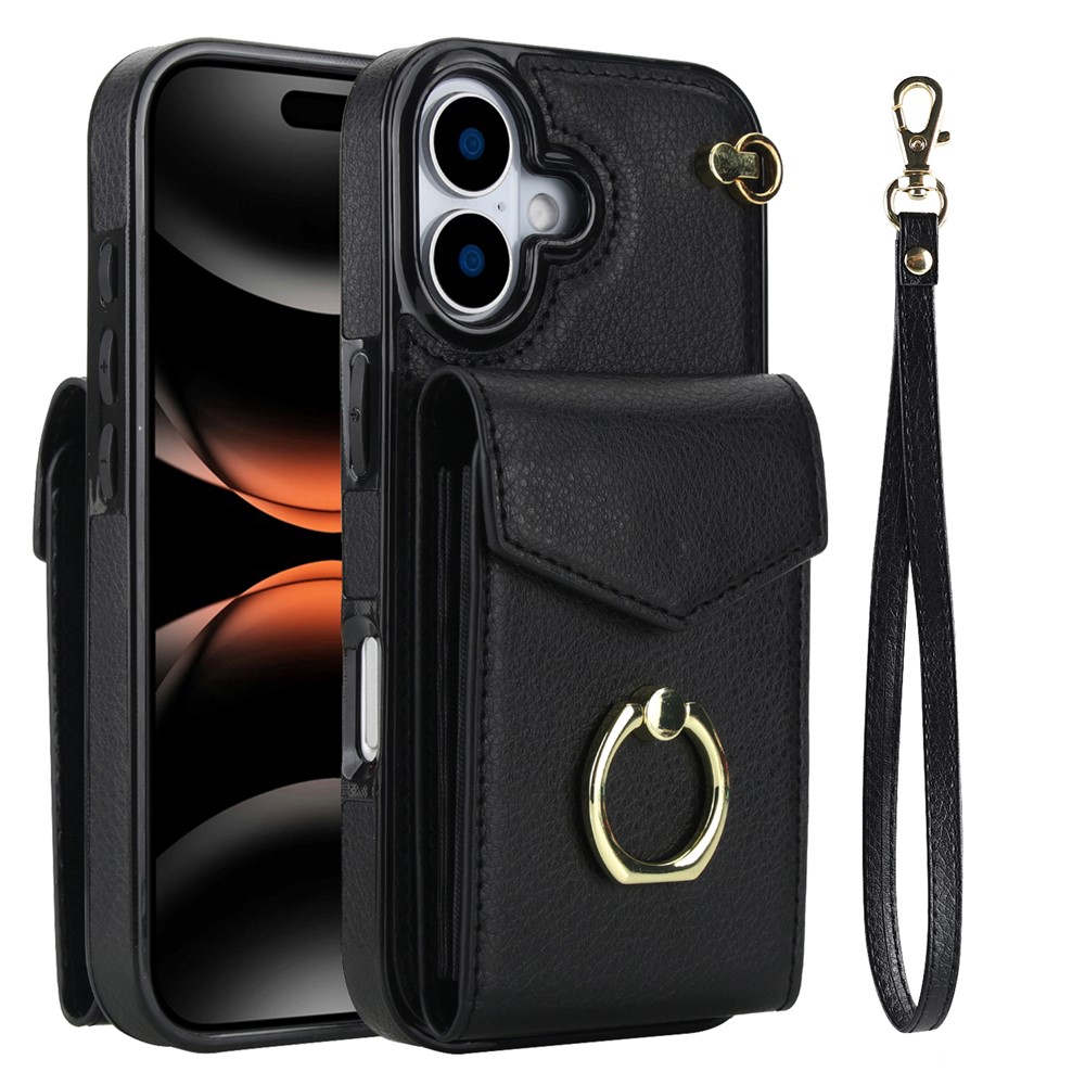 For iPhone 17 Case Leather + TPU Accordion Card Bag Phone Cover with Ring Kickstand - Black