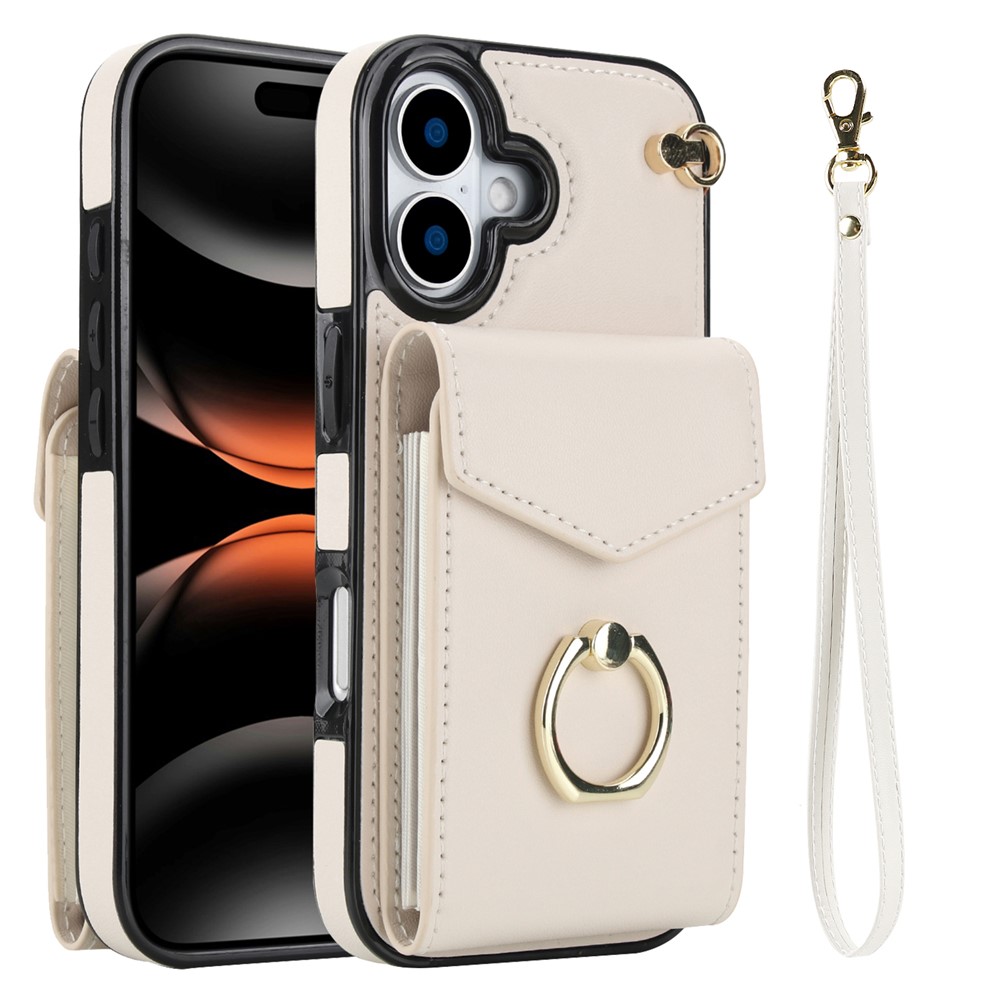 For iPhone 17 Case Leather + TPU Accordion Card Bag Phone Cover with Ring Kickstand - Beige