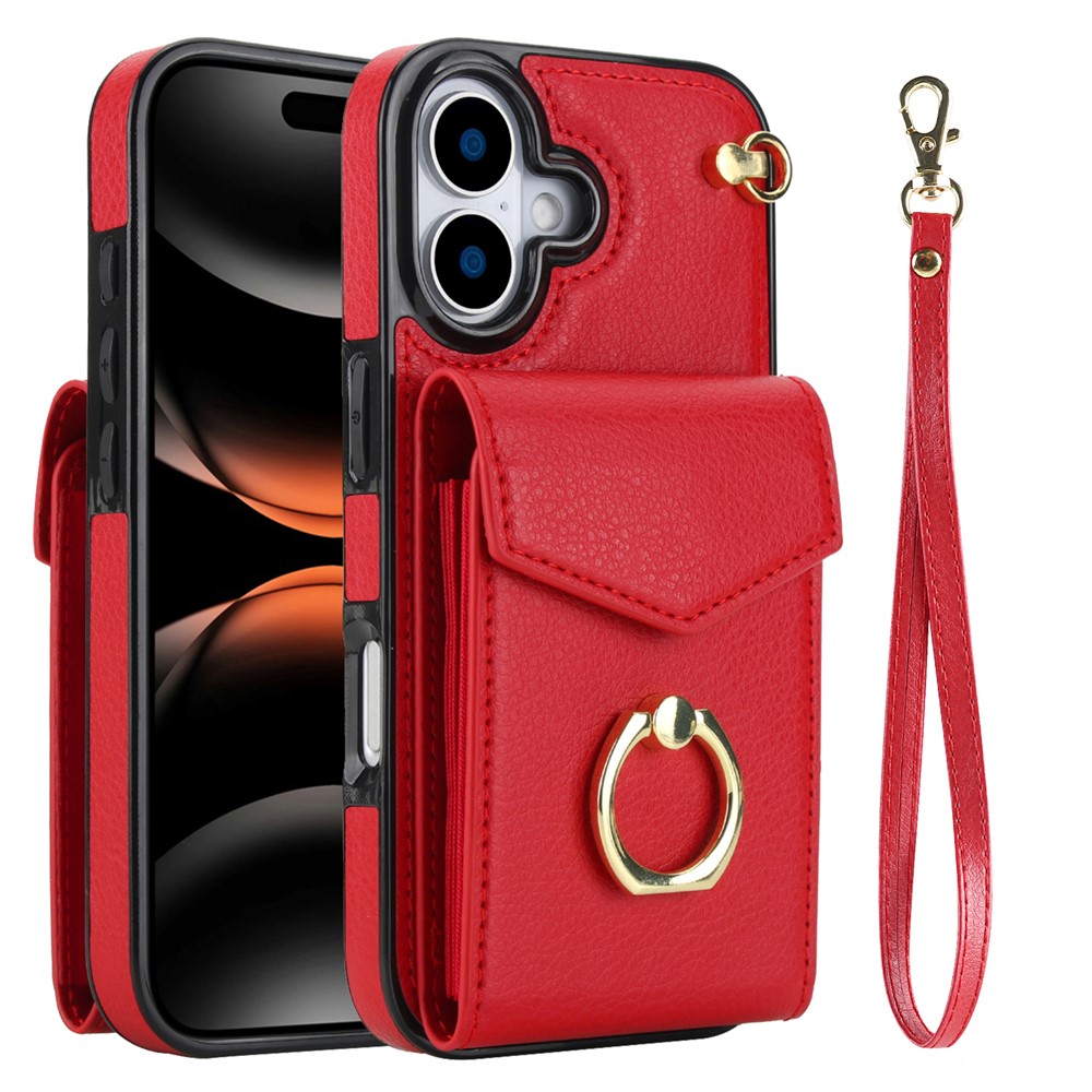 For iPhone 17 Case Leather + TPU Accordion Card Bag Phone Cover with Ring Kickstand - Red