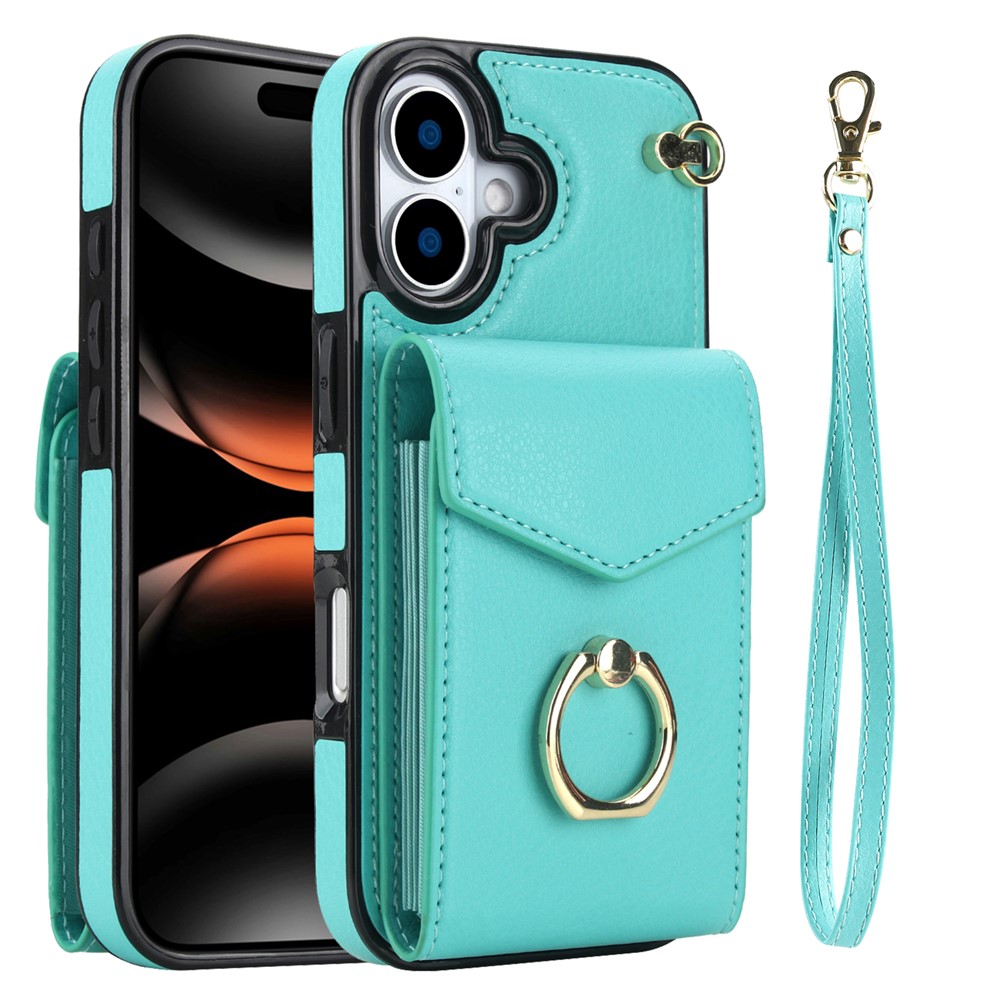 For iPhone 17 Case Leather + TPU Accordion Card Bag Phone Cover with Ring Kickstand - Mint Green