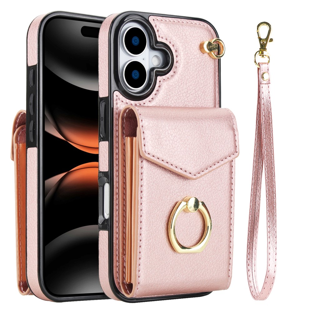 For iPhone 17 Case Leather + TPU Accordion Card Bag Phone Cover with Ring Kickstand - Rose Gold