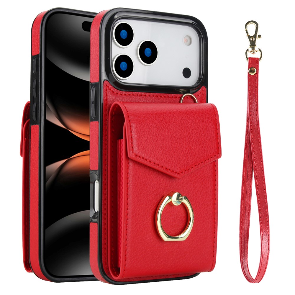 For iPhone 17 Pro Max Case Leather + TPU Accordion Card Bag Phone Cover with Ring Kickstand - Red