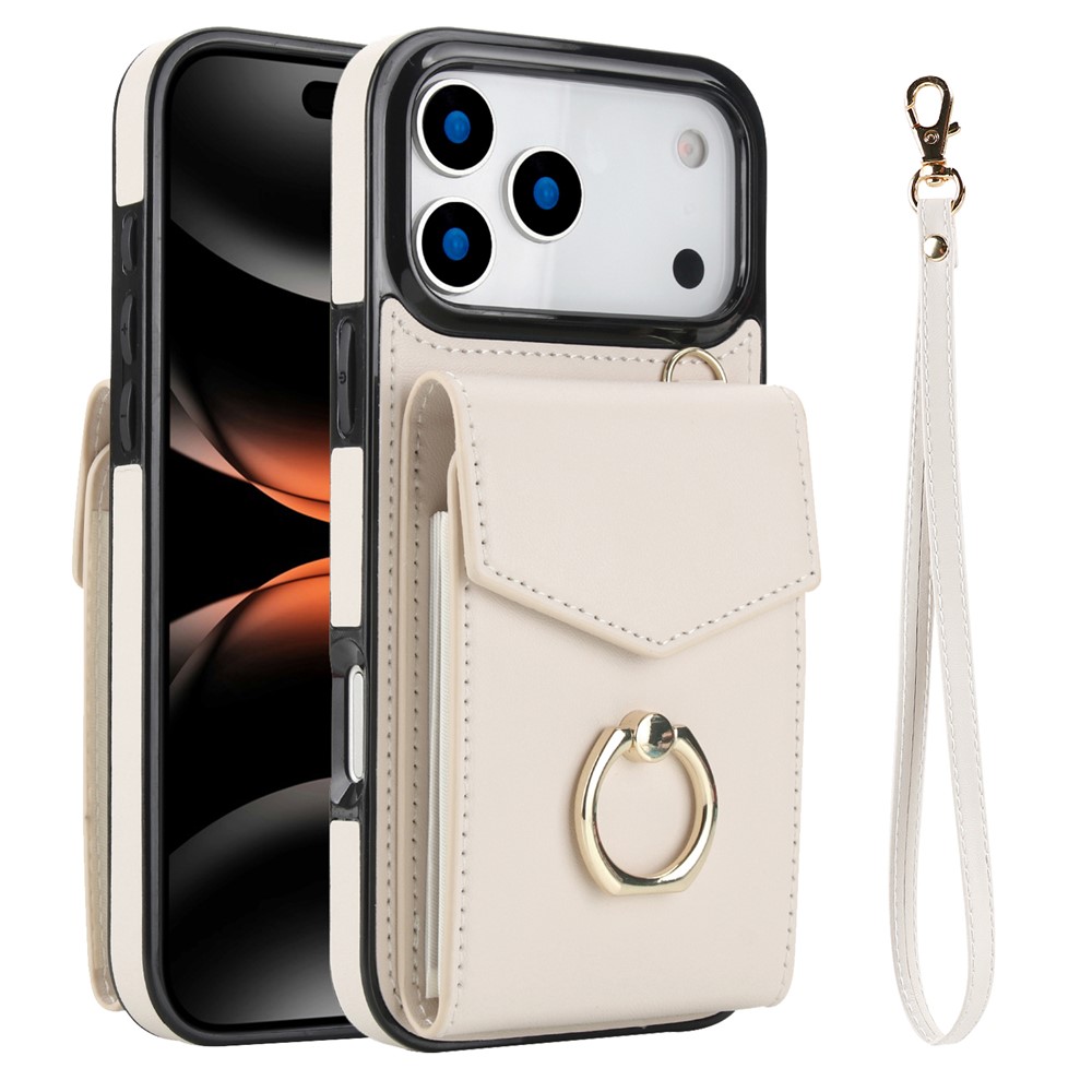 For iPhone 17 Pro Case Leather + TPU Accordion Card Bag Phone Cover with Ring Kickstand - Beige