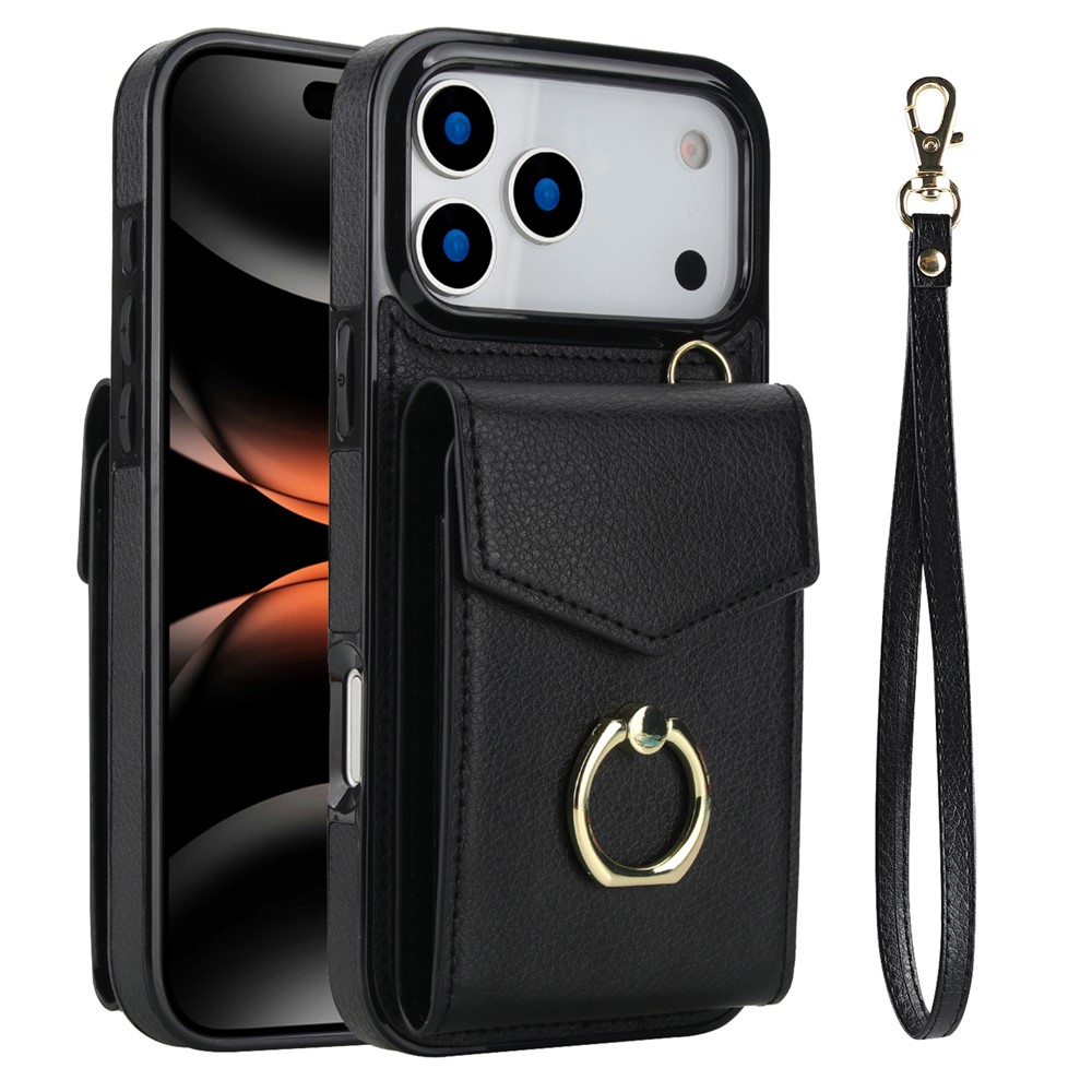 For iPhone 17 Pro Case Leather + TPU Accordion Card Bag Phone Cover with Ring Kickstand - Black