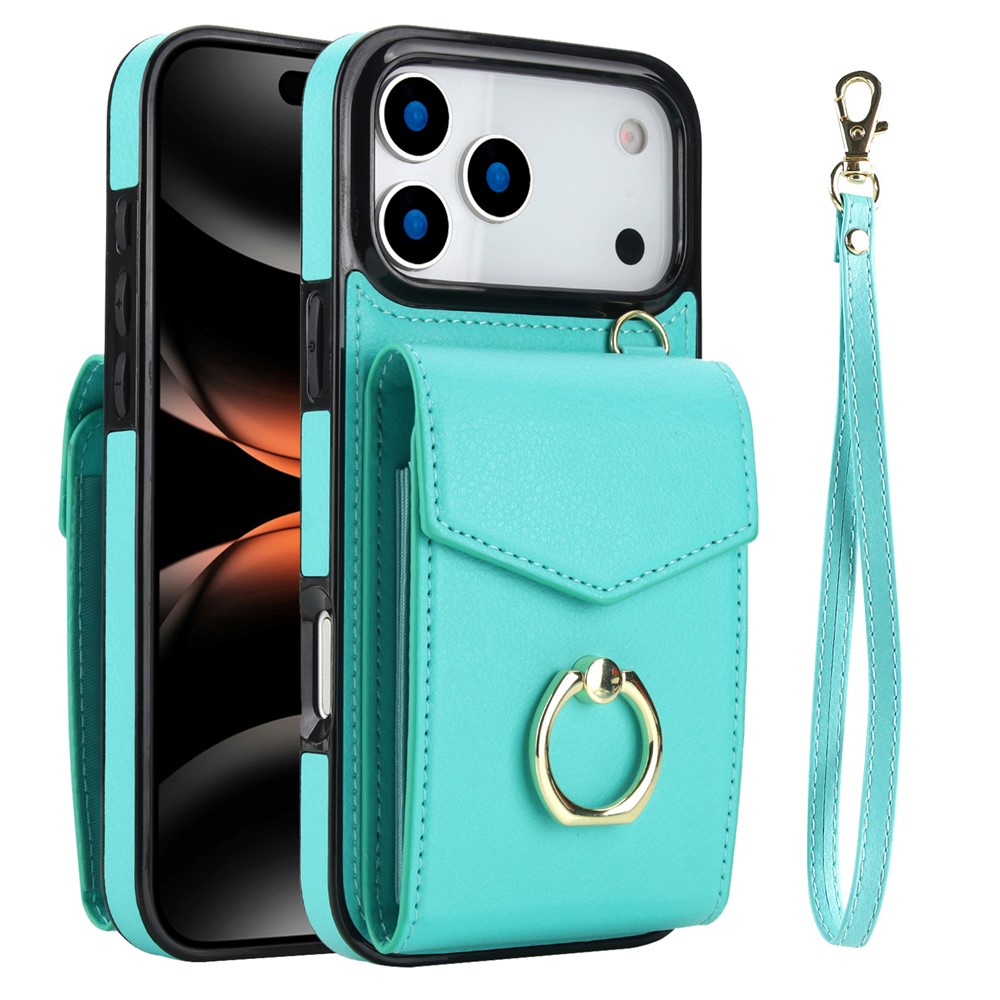For iPhone 17 Pro Case Leather + TPU Accordion Card Bag Phone Cover with Ring Kickstand - Mint Green