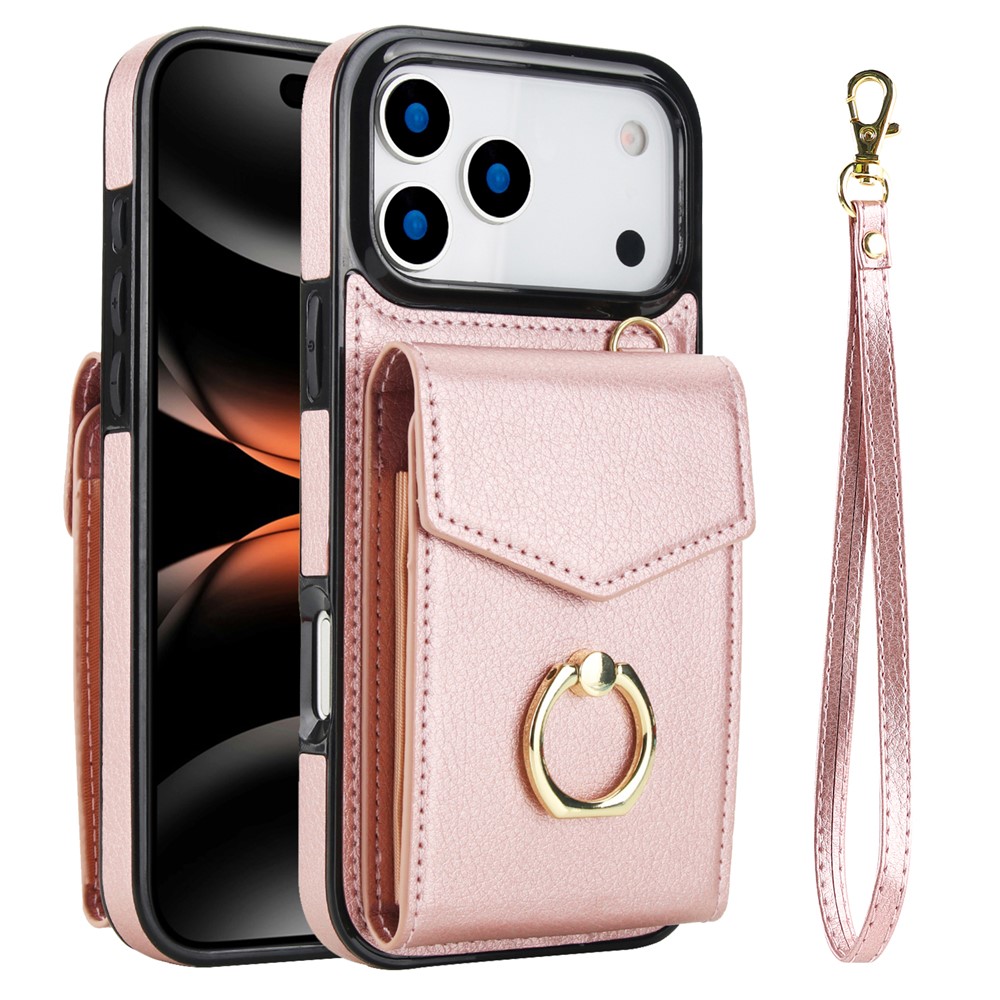 For iPhone 17 Pro Case Leather + TPU Accordion Card Bag Phone Cover with Ring Kickstand - Rose Gold