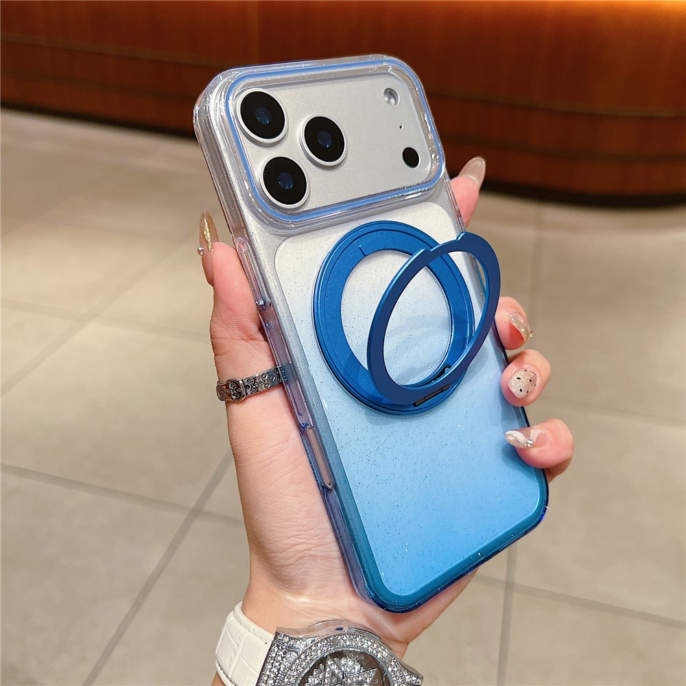 For iPhone 17 Pro Magnetic Case 360 Rotating Ring Kickstand Gradient Clear TPU Phone Back Cover - Blue