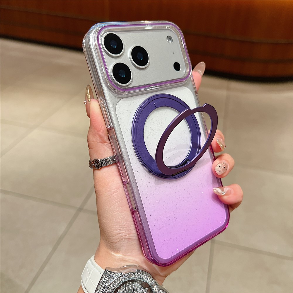 For iPhone 17 Pro Magnetic Case 360 Rotating Ring Kickstand Gradient Clear TPU Phone Back Cover - Purple