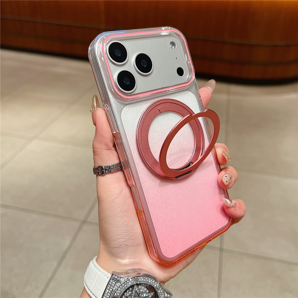 For iPhone 17 Pro Max Magnetic Case 360 Rotating Ring Kickstand Gradient Clear TPU Phone Back Cover - Pink