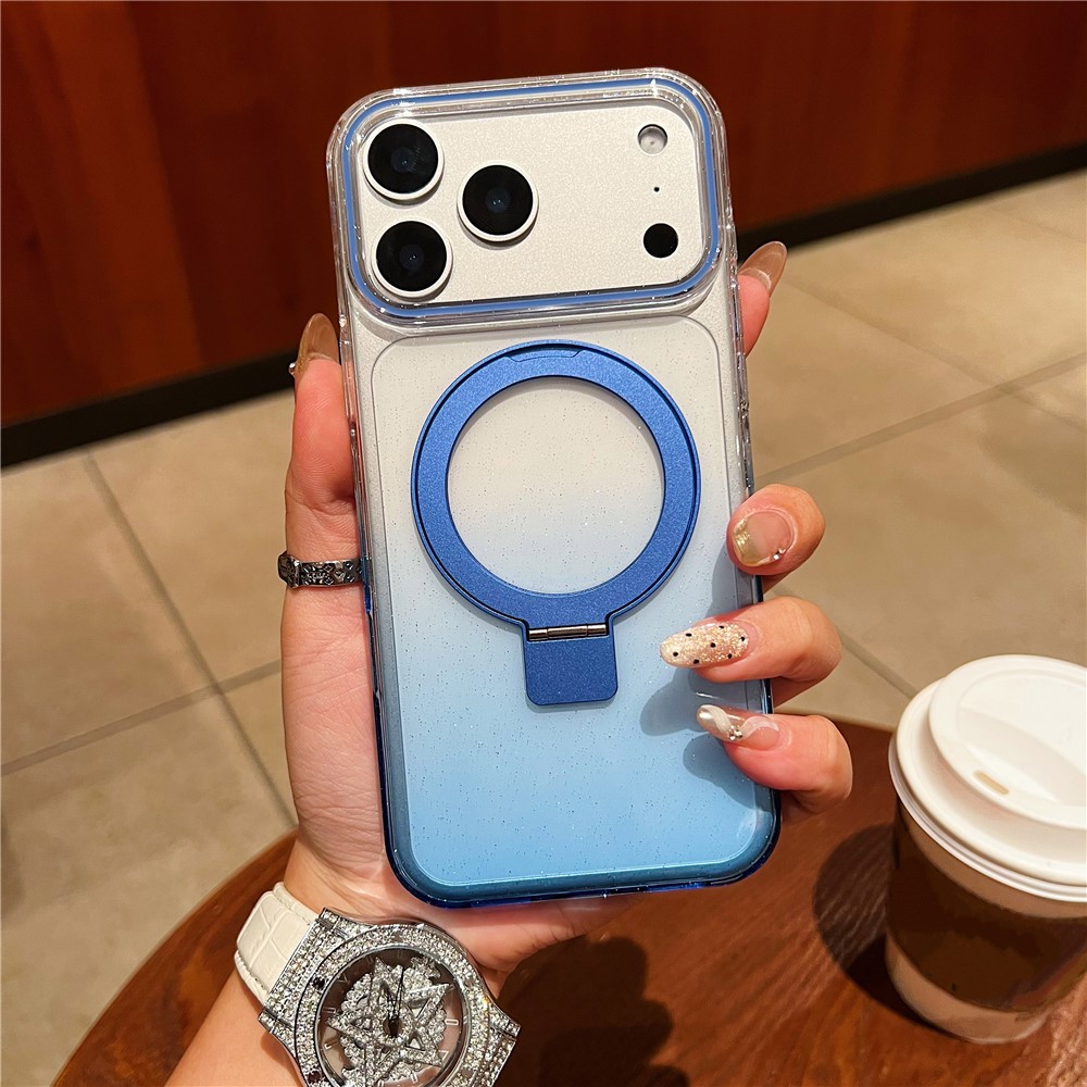 For iPhone 17 Pro Magnetic Case Kickstand Gradient Clear TPU Phone Back Cover - Blue