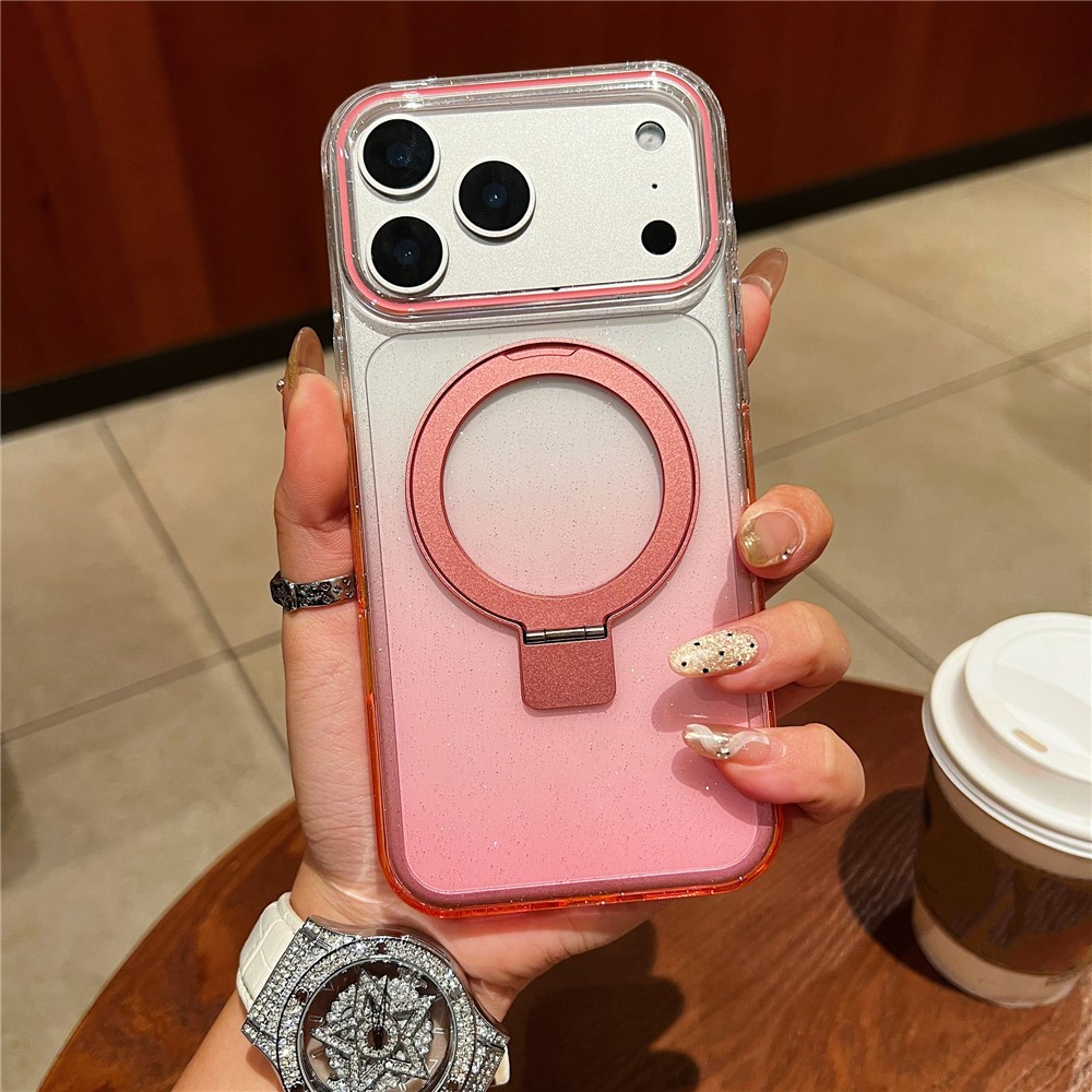 For iPhone 17 Pro Max Magnetic Case Kickstand Gradient Clear TPU Phone Back Cover - Pink