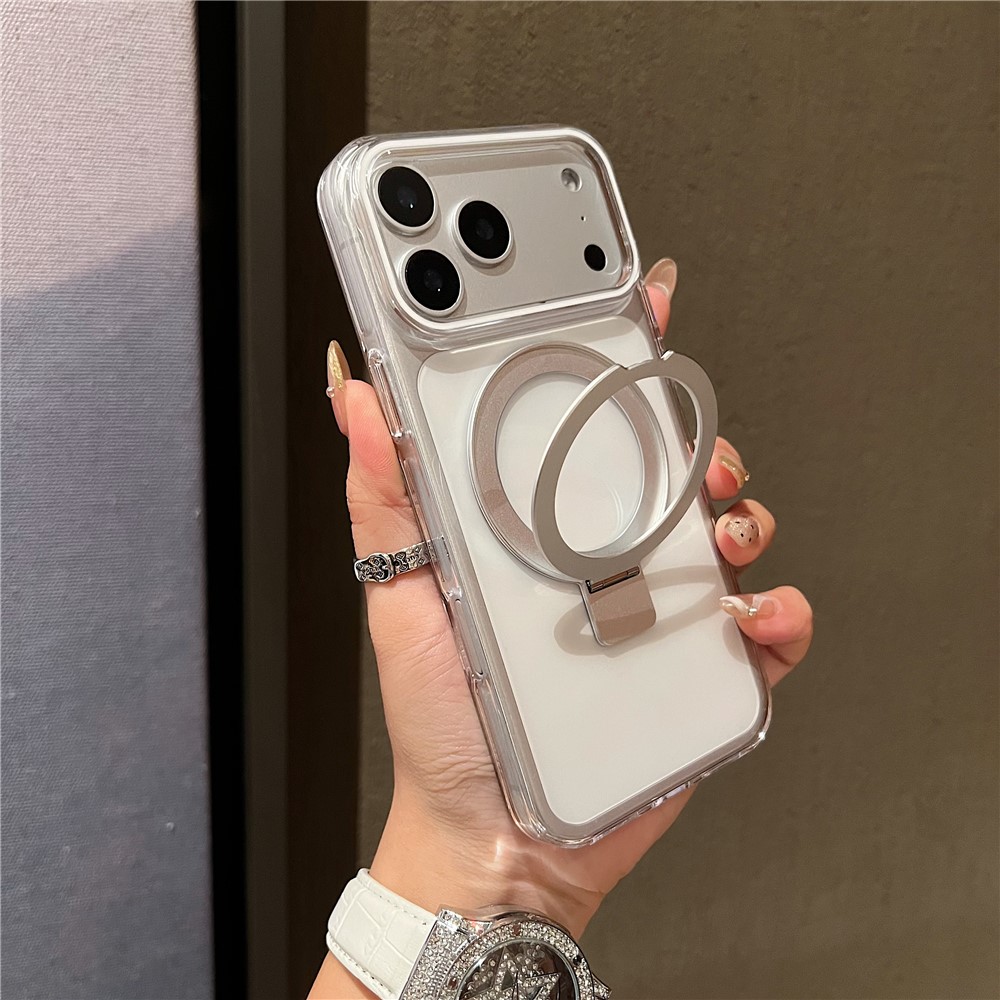 For iPhone 17 Pro Max Magnetic Case Kickstand Clear TPU Phone Back Cover - Silver