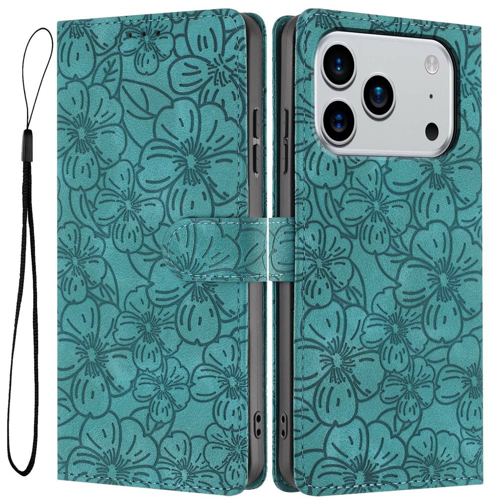 For iPhone 17 Pro Max Flip Case Cherry Blossom Pattern Leather Wallet Stand Phone Cover with Wrist Strap - Green