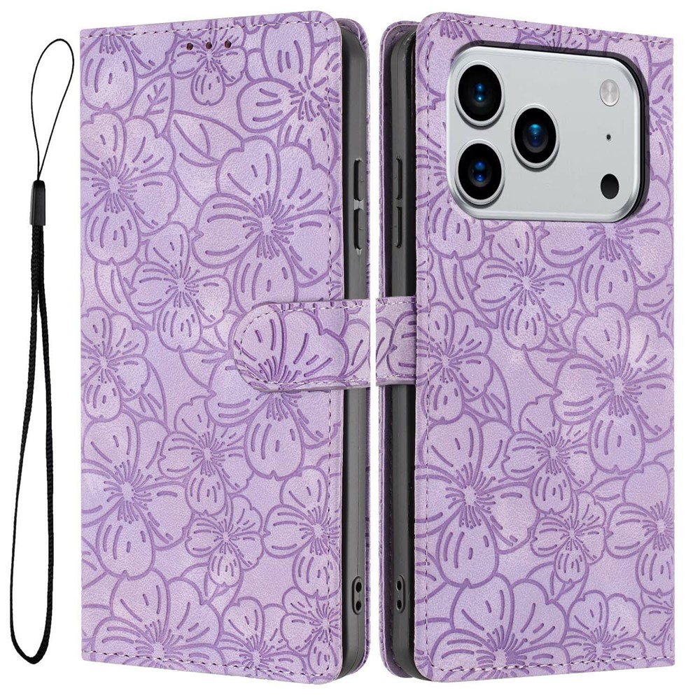 For iPhone 17 Pro Max Flip Case Cherry Blossom Pattern Leather Wallet Stand Phone Cover with Wrist Strap - Purple