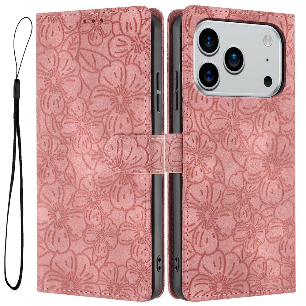 For iPhone 17 Pro Max Flip Case Cherry Blossom Pattern Leather Wallet Stand Phone Cover with Wrist Strap - Pink