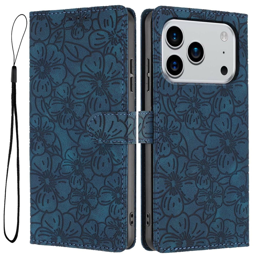 For iPhone 17 Pro Max Flip Case Cherry Blossom Pattern Leather Wallet Stand Phone Cover with Wrist Strap - Blue