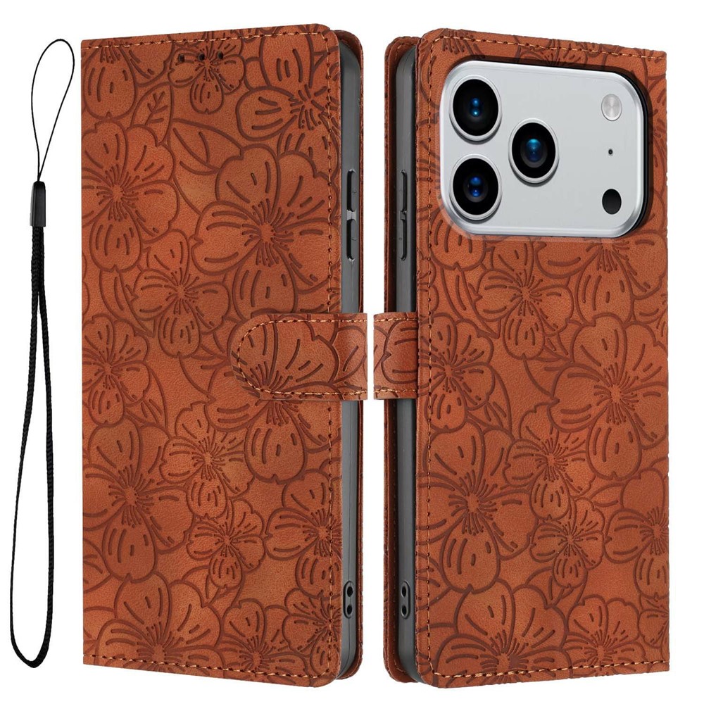 For iPhone 17 Pro Max Flip Case Cherry Blossom Pattern Leather Wallet Stand Phone Cover with Wrist Strap - Brown