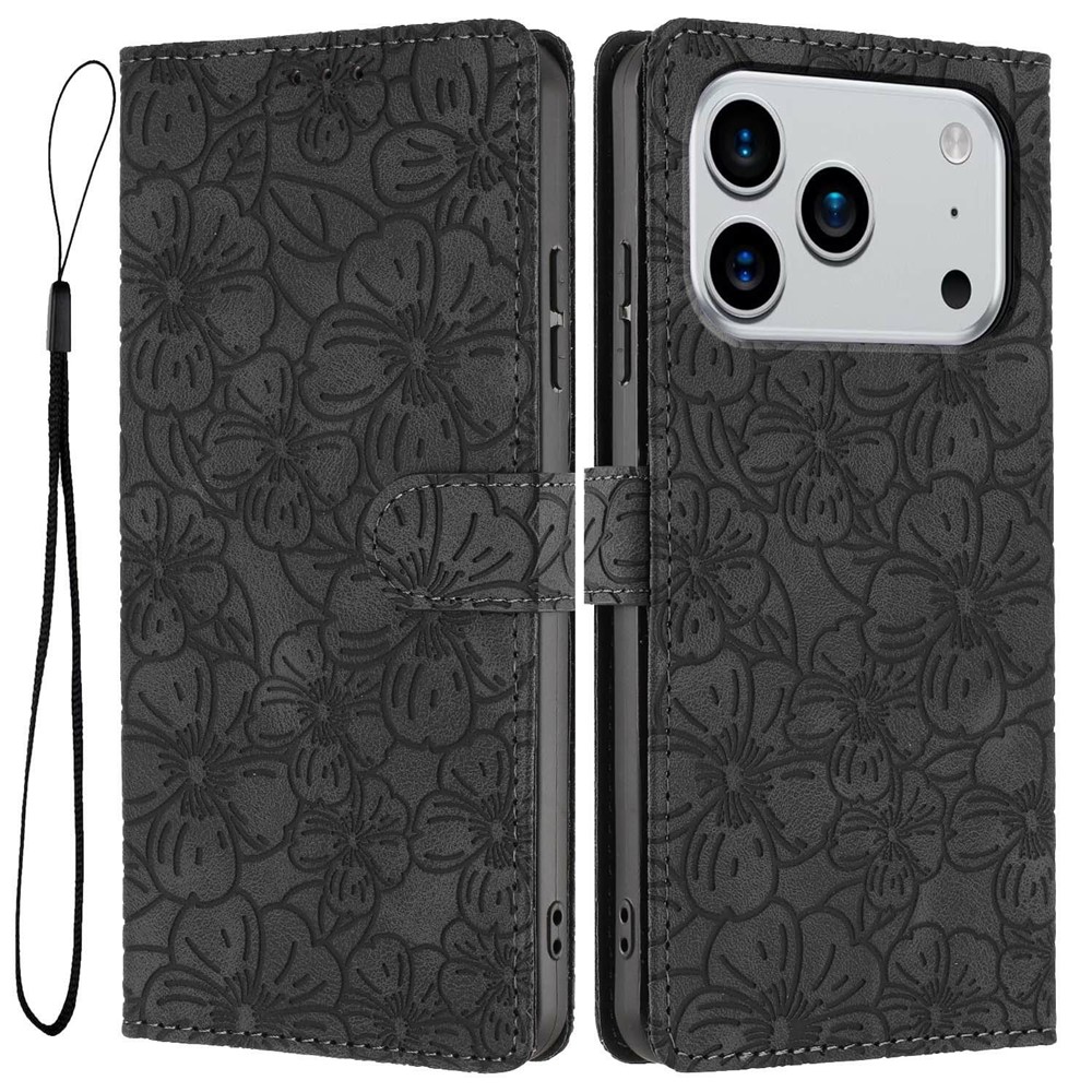 For iPhone 17 Pro Max Flip Case Cherry Blossom Pattern Leather Wallet Stand Phone Cover with Wrist Strap - Black