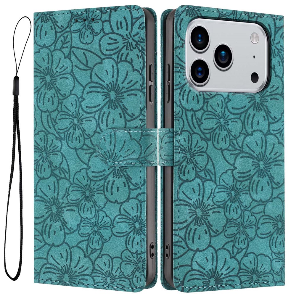 For iPhone 17 Pro Flip Case Cherry Blossom Pattern Leather Wallet Stand Phone Cover with Wrist Strap - Green