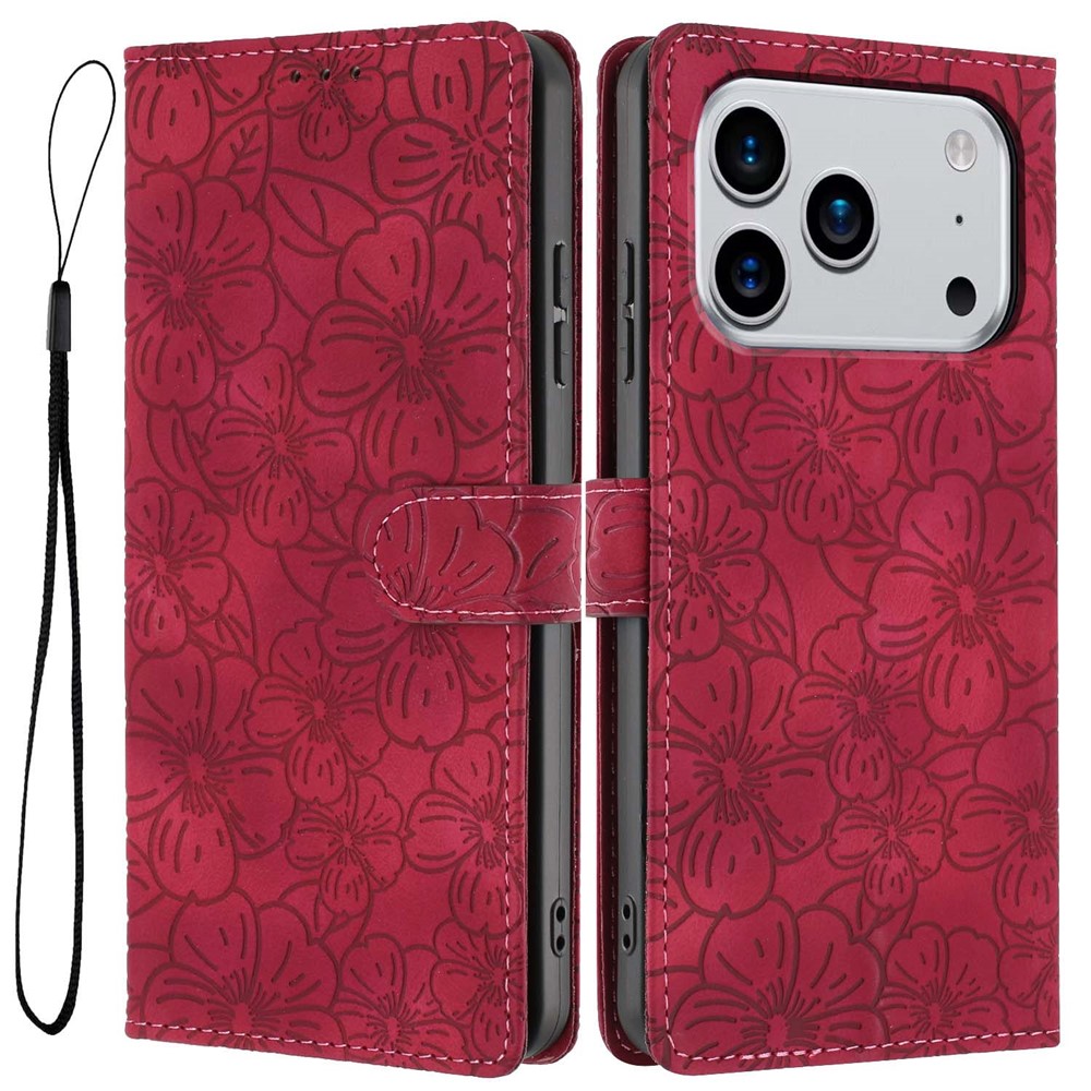 For iPhone 17 Pro Flip Case Cherry Blossom Pattern Leather Wallet Stand Phone Cover with Wrist Strap - Wine Red
