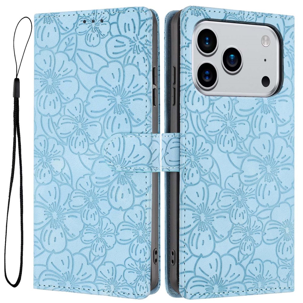 For iPhone 17 Pro Flip Case Cherry Blossom Pattern Leather Wallet Stand Phone Cover with Wrist Strap - Sky Blue