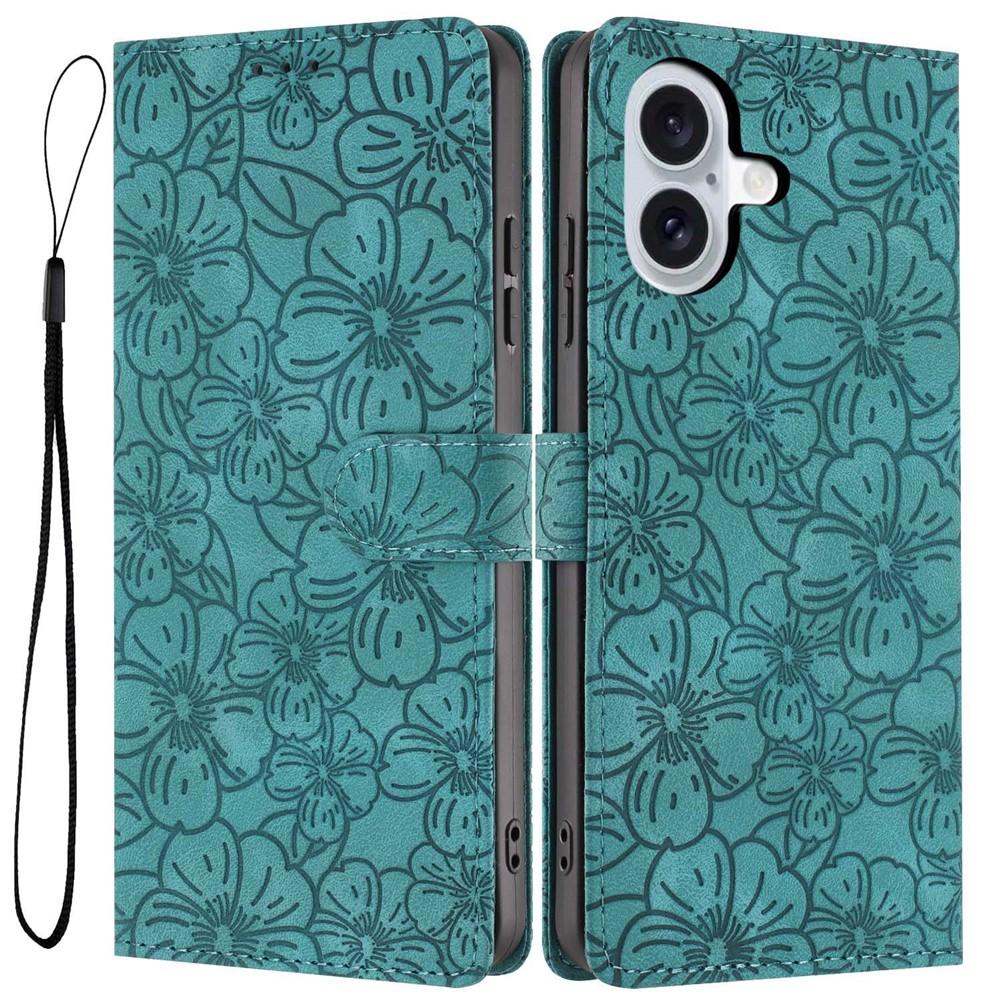 For iPhone 17 Flip Case Cherry Blossom Pattern Leather Wallet Stand Phone Cover with Wrist Strap - Green