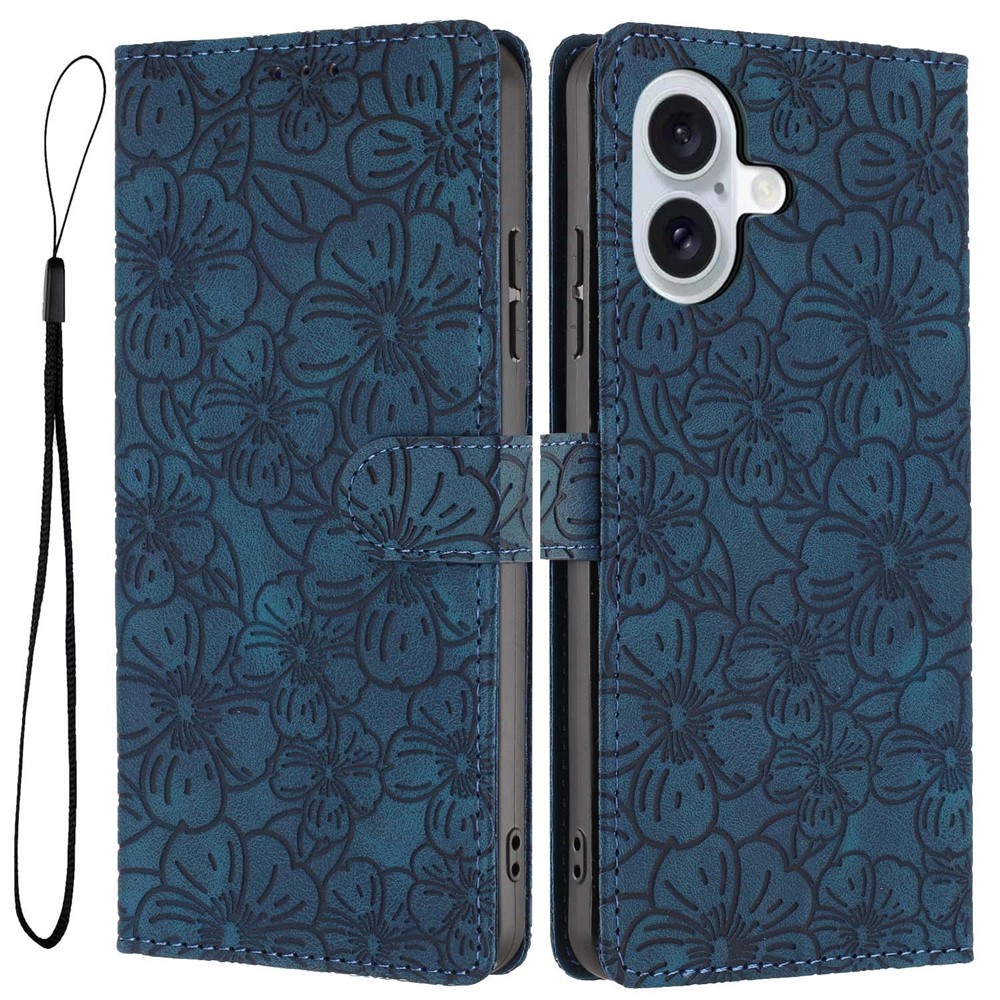 For iPhone 17 Flip Case Cherry Blossom Pattern Leather Wallet Stand Phone Cover with Wrist Strap - Blue