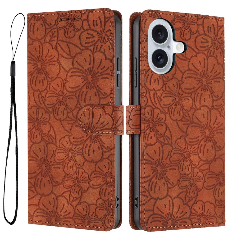 For iPhone 17 Flip Case Cherry Blossom Pattern Leather Wallet Stand Phone Cover with Wrist Strap - Brown