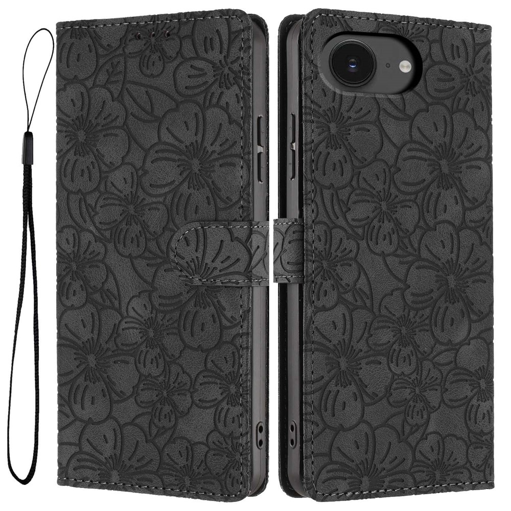 For iPhone 16e Flip Case Cherry Blossom Pattern Leather Wallet Stand Phone Cover with Wrist Strap - Black